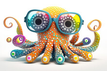 Cartoon Colorful Octopus With Sunglasses On Isolated Background. Created With Generative Ai