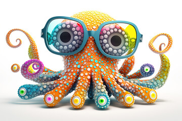 Wall Mural - cartoon colorful octopus with sunglasses on isolated background. created with generative ai