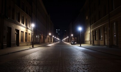 Sticker -  a dark city street at night with a car parked on the side of the street.  generative ai