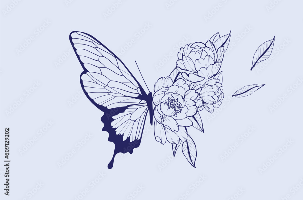 Bright illustration with a butterfly and flowers on a blue background ...