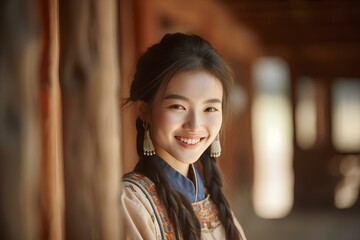 Wall Mural - beautiful smiling teen girl in a mongolian dress. generative AI