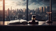 Law theme, mallet of judge, wooden gavel, scale of justice, legal book on table in courtroom with city view background.generative ai