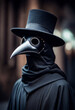 © vytautas - Man in a black cloak and mask walking on the street at night. plague doctor