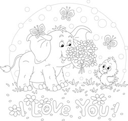 Wall Mural - I love you card with a little baby elephant giving a beautiful bouquet of summer flowers to a happy small chick, black and white outline vector cartoon illustration