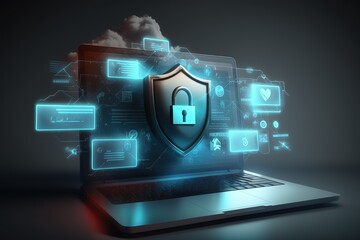 Cyber security, data protection, cyberattacks concept on blue background. Database security software development. Online security concept. Laptop protected with shield. AI