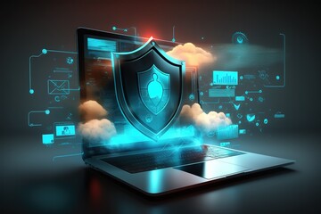 Cyber security, data protection, cyberattacks concept on blue background. Database security software development. Online security concept. Laptop protected with shield. AI