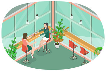 3D Isometric Flat  Conceptual Illustration of Females Having a Meal Together