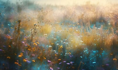 Wall Mural - a field full of flowers and grass with a blue sky in the background. generative ai