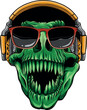 vector illustration of Dinosaur T-rex skull in headphones and sunglasses