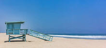 Lifeguard Hut On Santa Monica Beach. Pacific Ocean Coastline Los