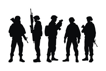 Wall Mural - Army special units silhouette collection. Male soldiers wearing uniforms and with assault rifles silhouette bundles. Men infantry with anonymous faces. Male armies silhouette on a white background.