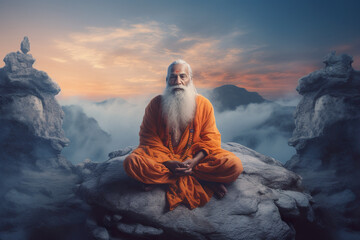 a man with a long white beard sitting on a rock. generative ai. buddha, guru purinma celebration.