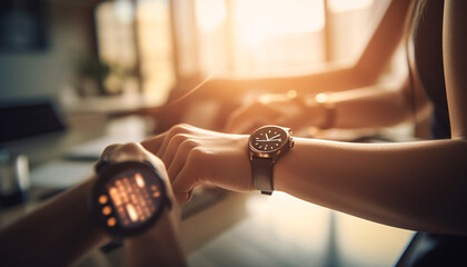 Sticker - Businessman holding smart watch, watching clock speed generated by AI