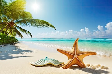 Poster - Summer vacation setting of a tropical beach with a sea star on the sand. Beach vacation and travel with text space. Generative AI