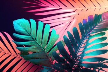 Wall Mural - Tropical and palm fronds with holographic bright gradient colors. Artwork with a conceptual theme. Summer setting with a touch of weirdness. Generative AI