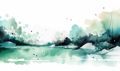 Wall Mural -  a watercolor painting of trees and a body of water.  generative ai
