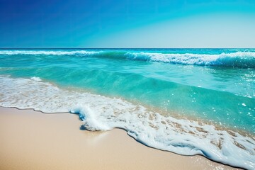 Wall Mural - Sea Beach and Soft wave of blue water. Background of a summer day on a sandy beach. Generative AI