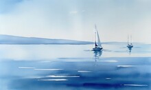  A Painting Of Two Sailboats In The Ocean On A Sunny Day.  Generative Ai