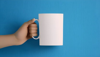 product mockup in a hand holding a mug, with a white space in it for branding or logo placement, sim