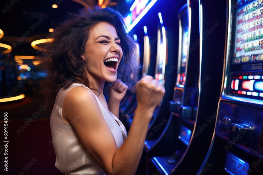 Happy young woman smiling near slot machines in a casino. Generative AI	