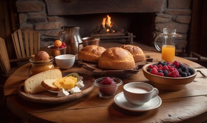 Poster -  a wooden table topped with bread and fruit next to a fireplace.  generative ai