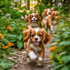 Sticker - Adorable Cavalier King Charles Spaniel Puppies Exploring the Garden