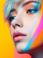 Wall Mural - High fashion, beauty portrait of young woman model with avant garde fashion art makeup, attention grabbing closeup woman face, soft light, rhythmic composition, AI generative