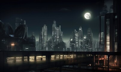 Wall Mural -  a city at night with a full moon in the sky.  generative ai