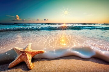 Poster - Summer beach with a starfish against a tropical ocean and a breathtaking sky. Generative AI