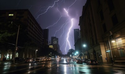 Wall Mural -  a city street filled with cars and a bunch of lightning.  generative ai