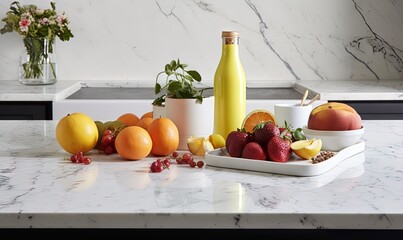  a marble counter top topped with fruit and a bottle of wine.  generative ai