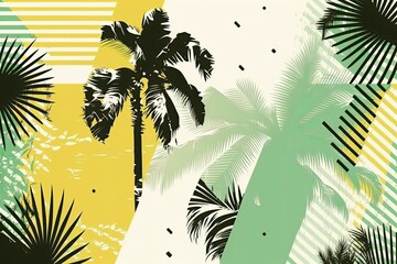 Sticker - Modern backdrop with a tropical feel. Abstract dashed geometric texture. a palm tree. Banana and coconut palm tree silhouettes. added decoration. summertime natural theme. Generative AI