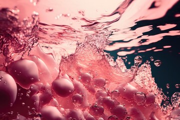 Wall Mural - Pink crystal clear peaceful water surface texture with splashes and bubbles, close-up. a stylish background of abstract summer nature. Waves that are coral-colored in the sunlight. Generative AI