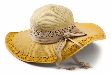 Canvas Print - Isolated on white backdrop, a close-up of a vintage summer straw hat. Generative AI