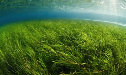 Poster -  a picture of some water and grass under the water's surface.  generative ai