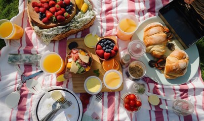 Sticker -  a picnic table with a basket of fruit, bread, juice, and juice cups.  generative ai