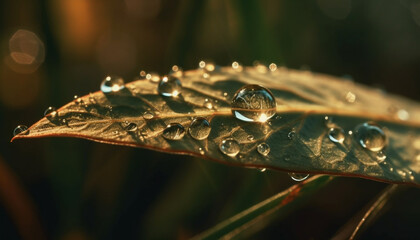 Poster - Fresh green leaf with dew drop close up generated by AI