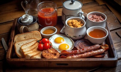 Sticker -  a wooden tray filled with breakfast foods on top of a table.  generative ai