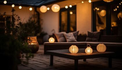 Poster - A modern living room illuminated by lanterns generated by AI