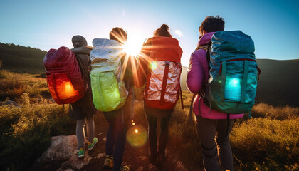 Canvas Print - Group of friends hiking, enjoying nature beauty generated by AI