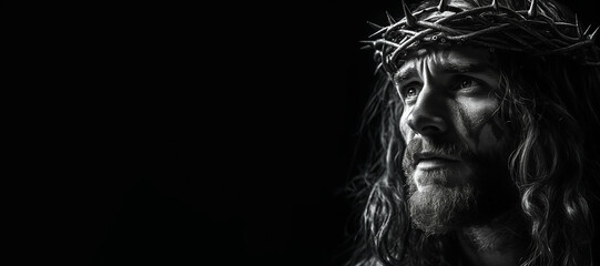 Wall Mural - Black and white photorealistic studio portrait of Jesus Christ wearing a crown of thorns on black background. Generative AI illustration