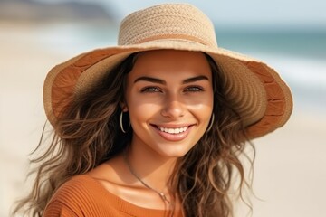 Wall Mural - Happy woman in a straw hat is sunbathing on the beach. Travel concept. AI generated, human enhanced