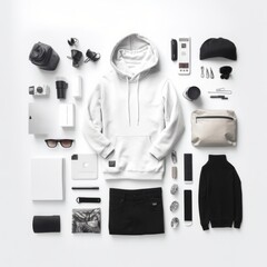sporty outfit with white hoodie and black shorts, youth clothing concept