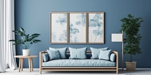 Japandi minimalist living room with frame mockup in white and blue tones. sofa, rattan furniture, and wallpaper. design of a farmhouse interior. AI generative.