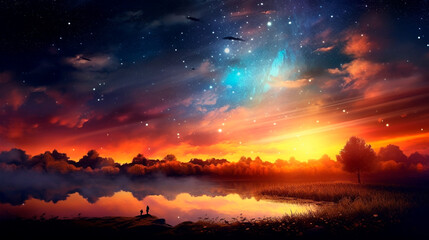 Poster - Beautiful celestial sky in dreamy fantasy with bright star in the sky over nature. Generative AI