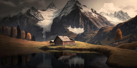 Wall Mural - Switzerland high Alps mountains clouds serene majestic. Generative AI AIG15.