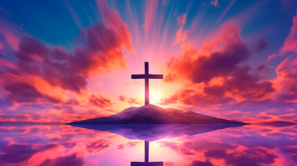 Wall Mural - Christian easter. Conceptual religious symbol on a colorful sky at sunset. Generative AI