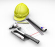 3D render of hard hat and blueprint on white background