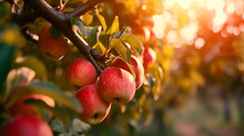 Fruit Farm With Apple Trees. Branch With Natural Apples On Blurred Background. Generative AI