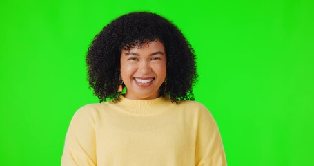 Sticker - Woman, face portrait and laughing on a green screen with motivation and funny humour. Happy african female person laugh on a studio background with happiness, comic joke and positive mindset